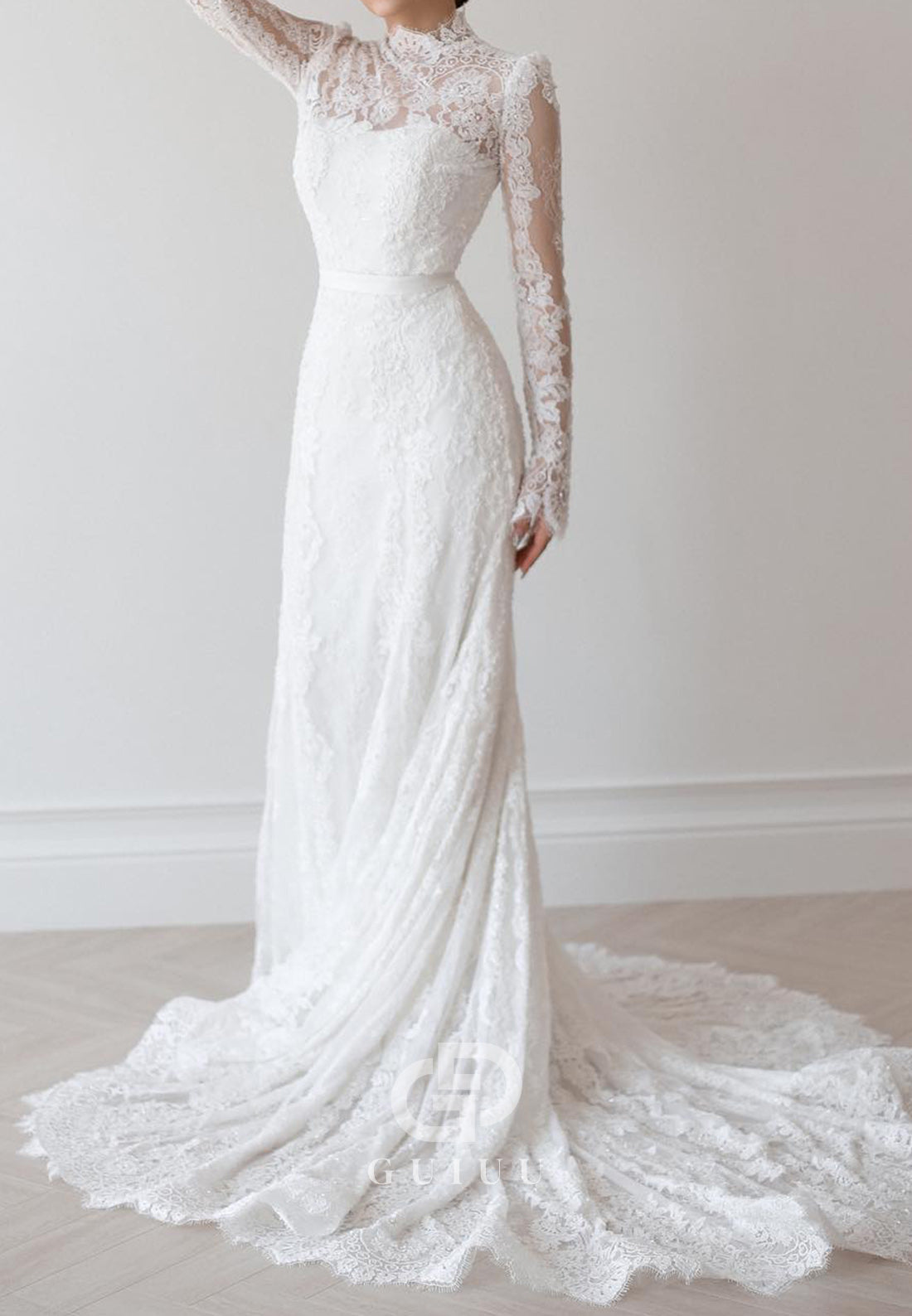 Long Sleeves High Neck Empire-Waist A-Line Wedding Dress