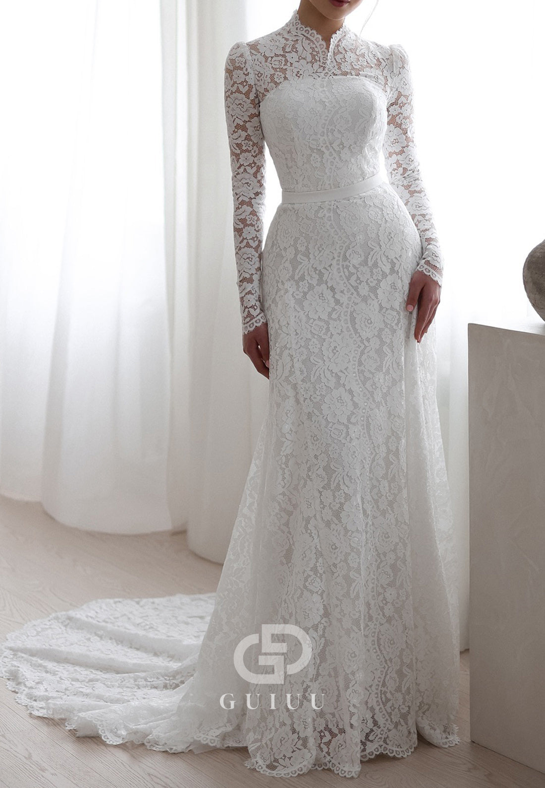Long Sleeves High Neck Empire-Waist Lace Wedding Dress