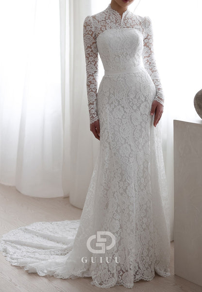 Long Sleeves High Neck Empire-Waist Lace Wedding Dress
