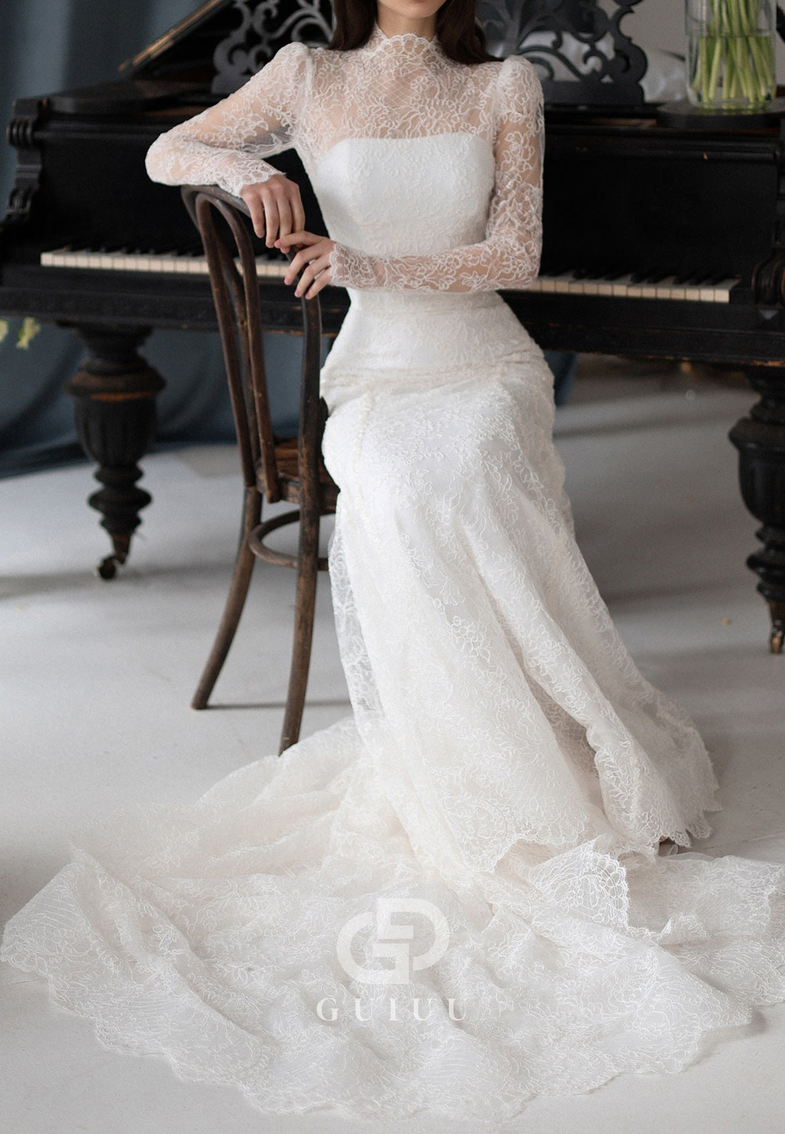 Long Sleeves High Neck Lace Appliques Wedding Dress