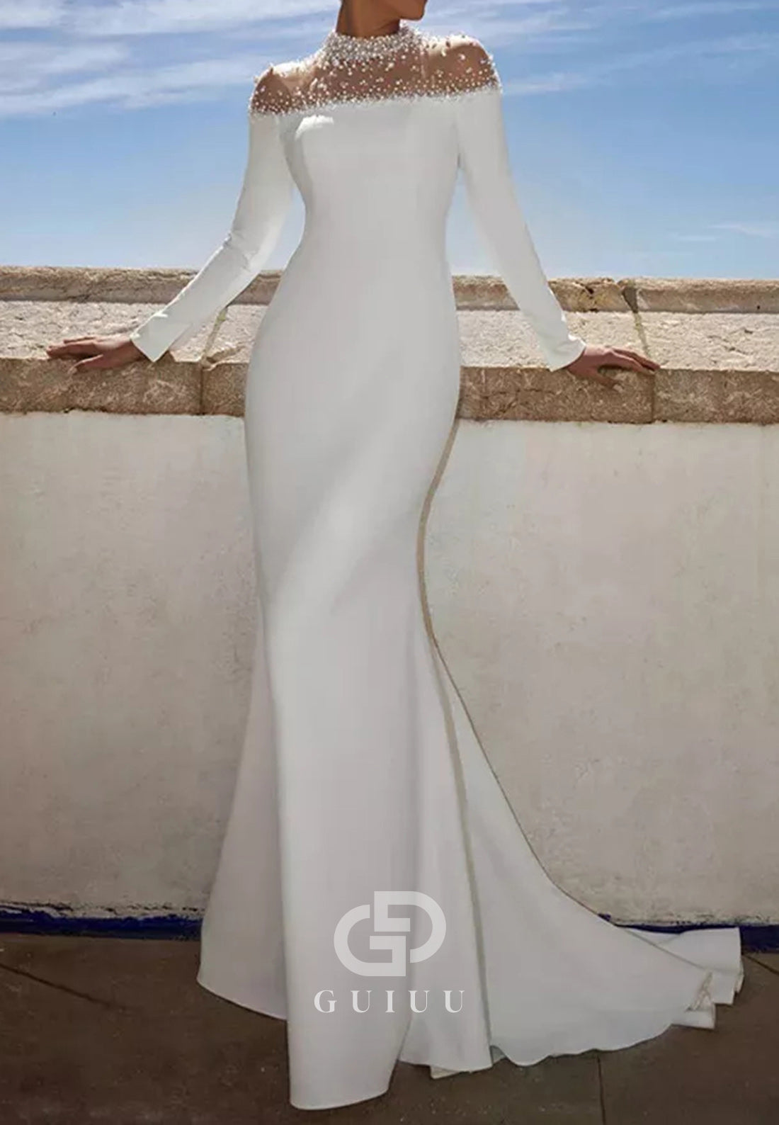 Long Sleeves High Neck Sequins Mermiad Wedding Dress