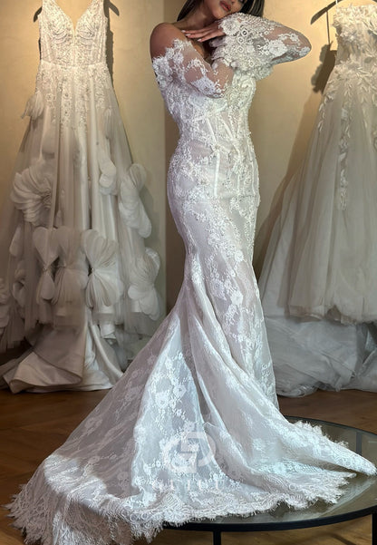 Long Sleeves Off-Shoulder Backless Lace Mermaid Wedding Dress