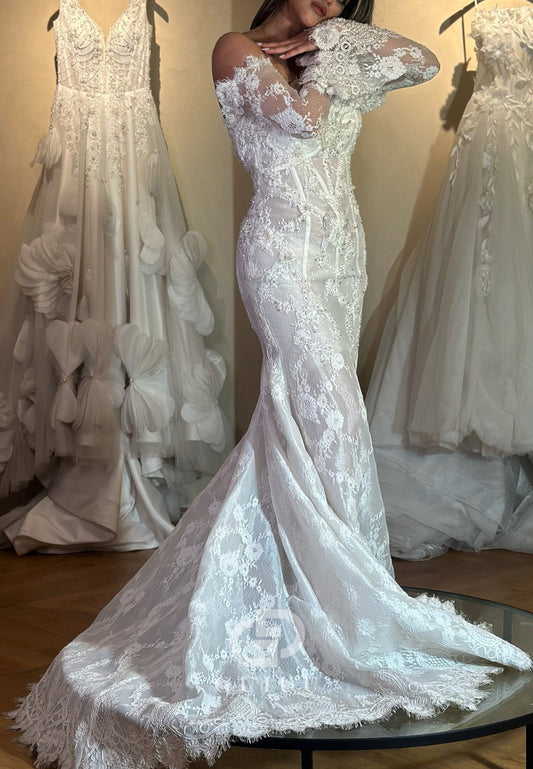 Long Sleeves Off-Shoulder Backless Lace Mermaid Wedding Dress