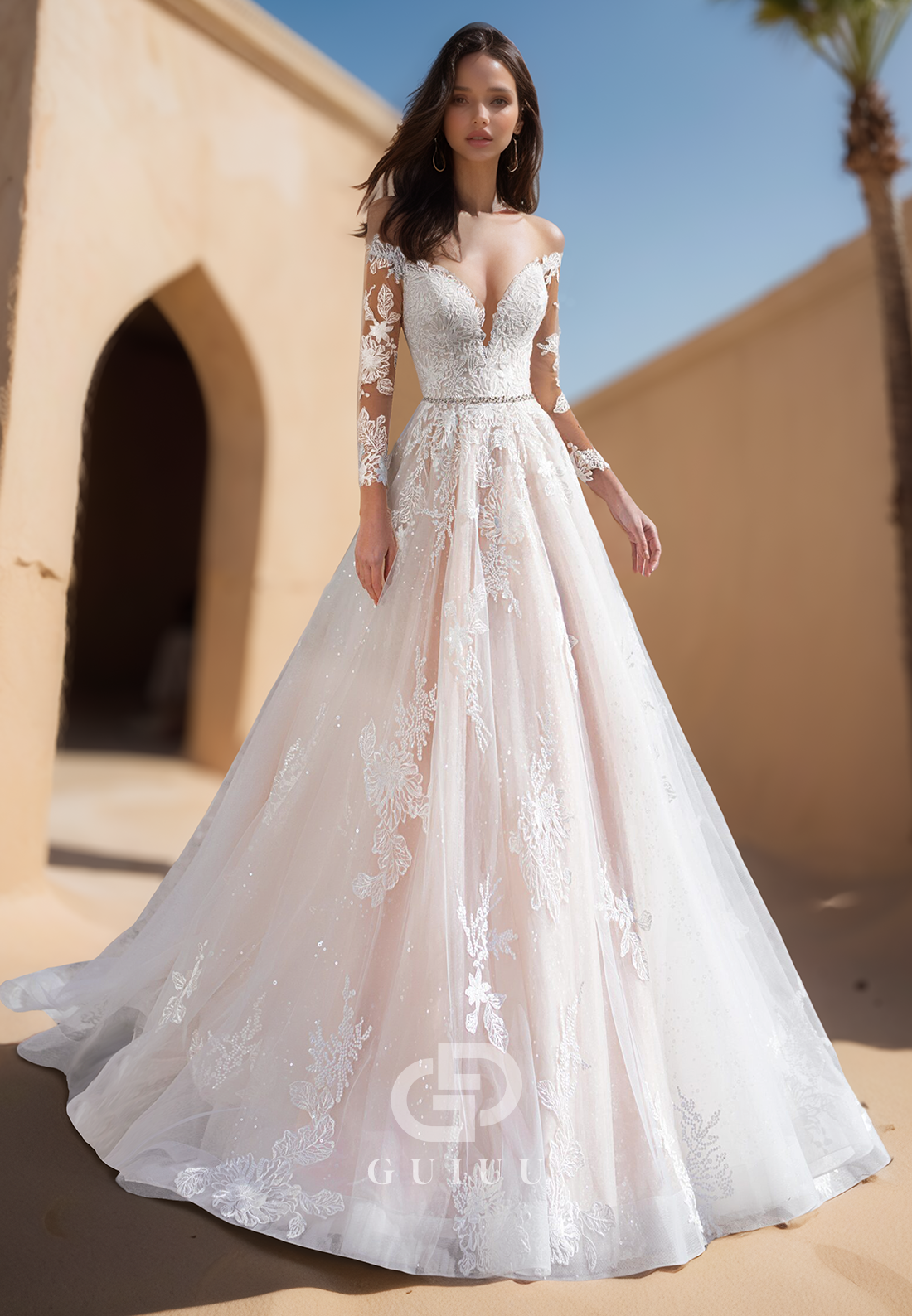 Long Sleeves Off-Shoulder Backless Sweep Train Lace Wedding Dress