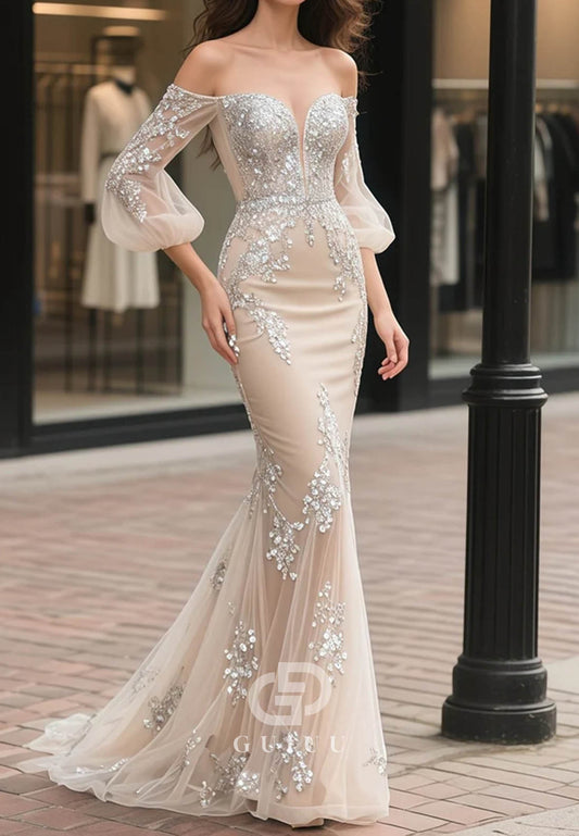 Long Sleeves Off-Shoulder Corset Tulle Appliques Wedding Dress