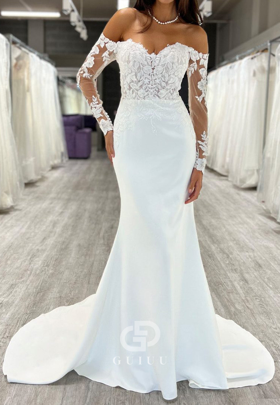 Long Sleeves Off-Shoulder Corset Tulle Mermaid Wedding Dress