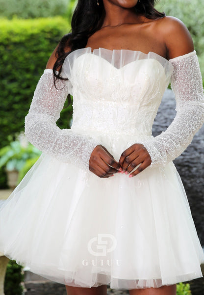 Long Sleeves Off-Shoulder Empire-Waist Short Wedding Dress
