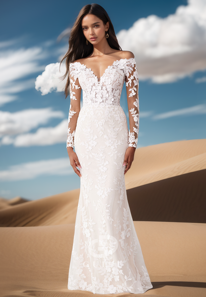 Long Sleeves Off-Shoulder Floral Appliques Floor-Length Lace Wedding Dress