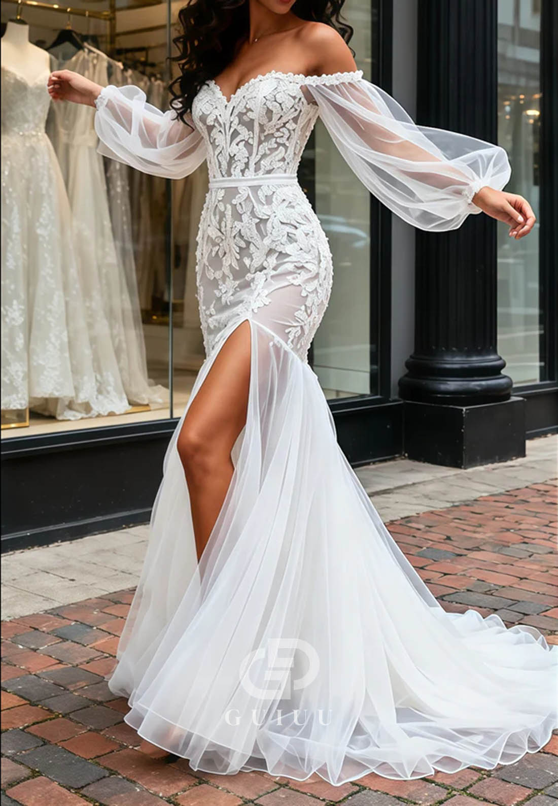 Long Sleeves Off-Shoulder Slit Floral Appliques Lace Wedding Dress