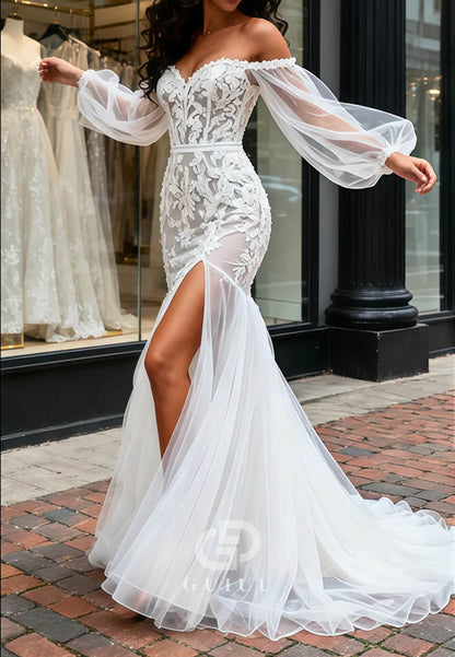 Long Sleeves Off-Shoulder Slit Floral Appliques Lace Wedding Dress