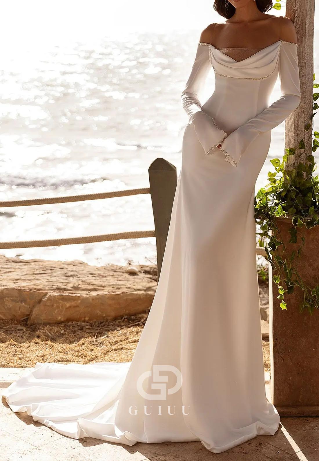 Long Sleeves Off-Shoulder Sweep Train Satin Wedding Dress
