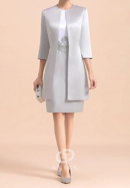 Long Sleeves Scoop Appliques Short Mother of the Bride Dress
