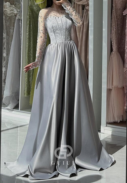 Long Sleeves Scoop Beads A-Line Empire-Waist Prom Dress