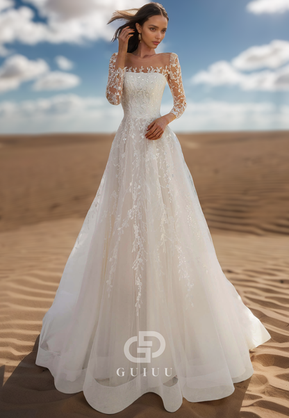 Long Sleeves Scoop Floral Appliques Corset Lace Wedding Dress