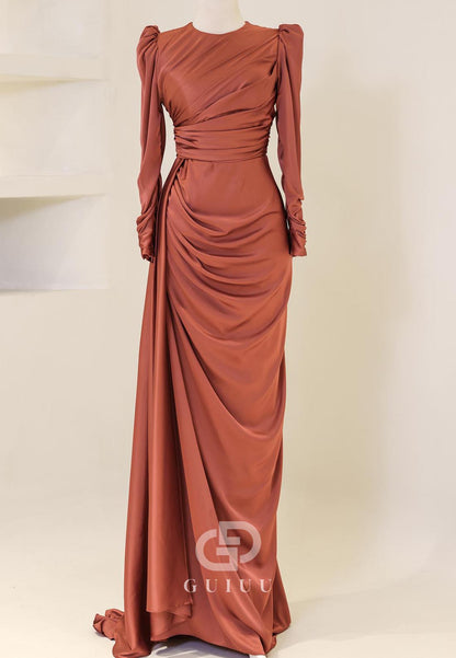 Long Sleeves Scoop Ruched Empire-Waist Evening Dress