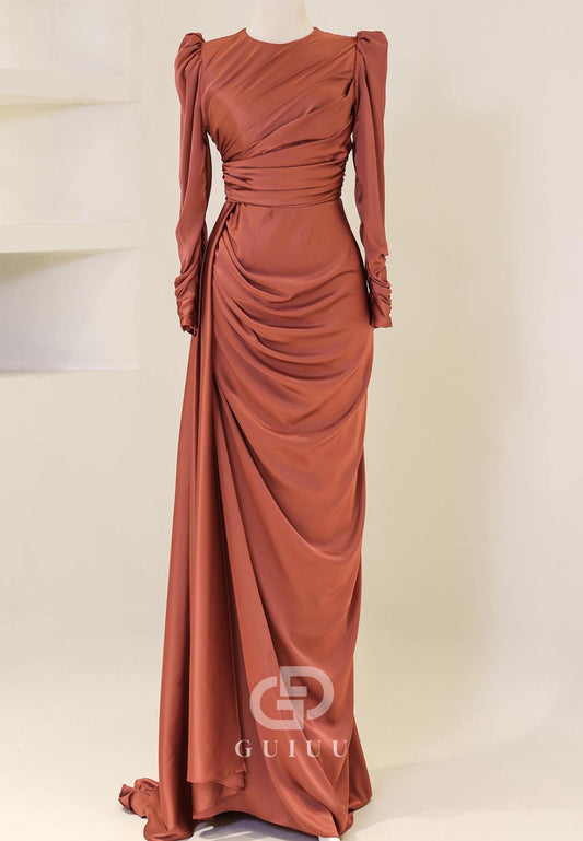 Long Sleeves Scoop Ruched Empire-Waist Evening Dress