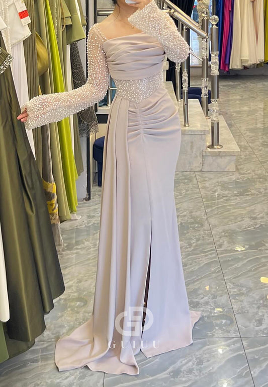 Long Sleeves Square Beads Empire-Waist Prom Dress