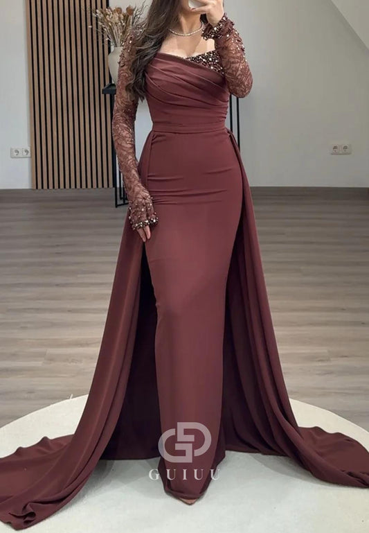 Long Sleeves Square Empire-Waist Satin Evening Dress