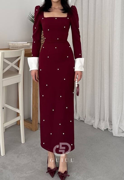 Long Sleeves Square Pearls Ankle-Length Semi-Formal Dress