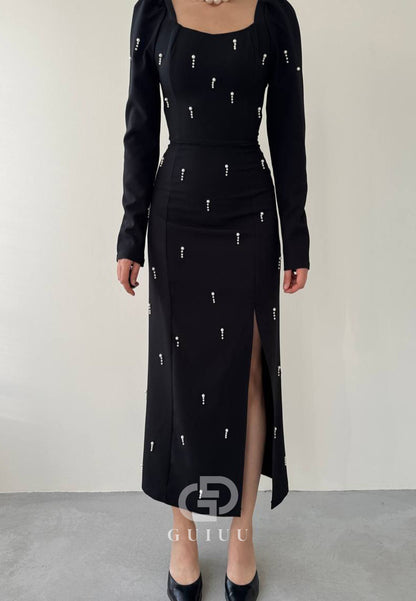 Long Sleeves Square Pearls Slit Semi-Formal Dress