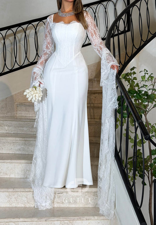 Long Sleeves Square Ruched Satin Mermaid Wedding Dress