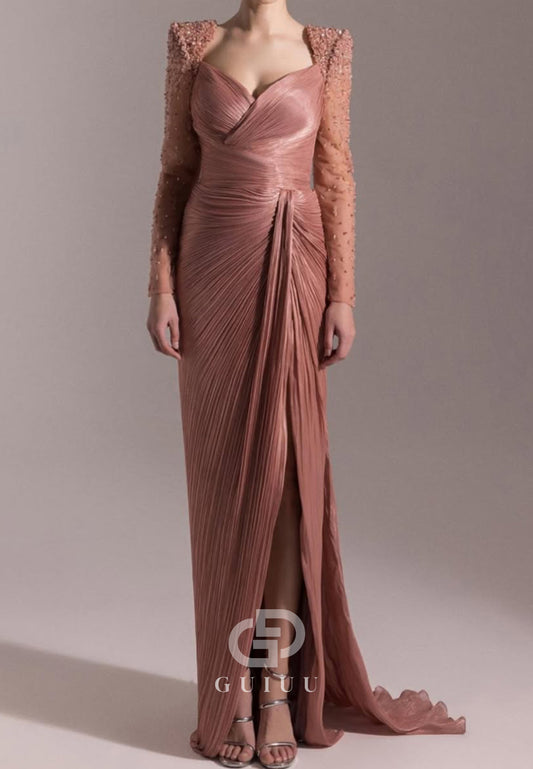 Long Sleeves Sweetheart Ruched Appliques Evening Dress