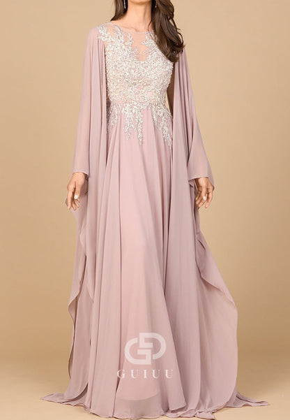 Long Sleeves V-Neck Appliques A-Line Chiffon Evening Dress