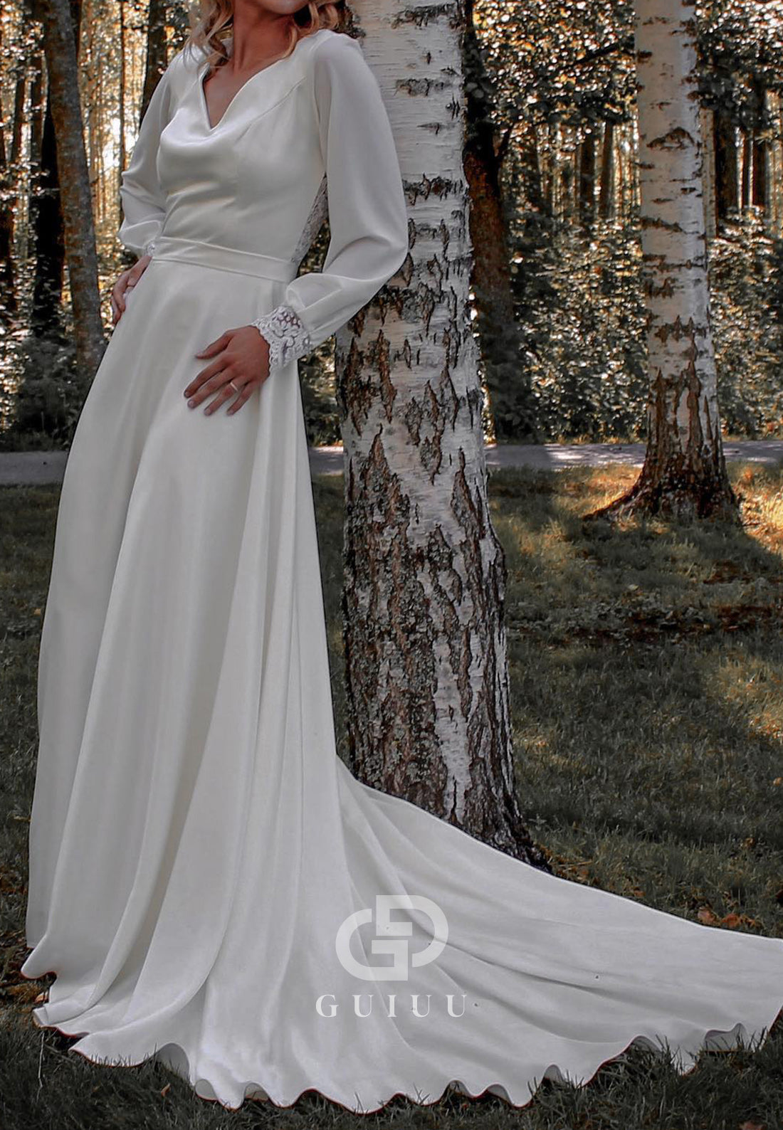 Long Sleeves V-Neck Backless Sweep Train Satin Wedding Dress