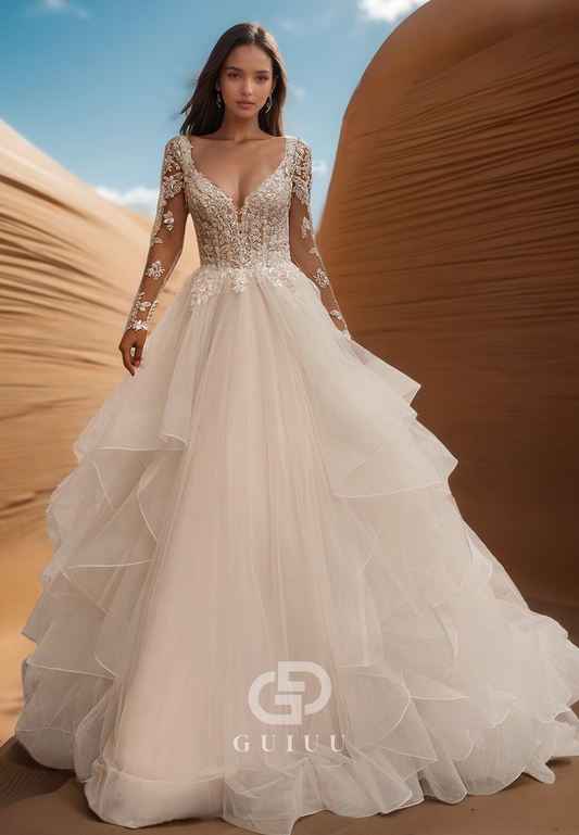 Long Sleeves V-Neck Corset Tulle Empire-Waist Lace Wedding Dress