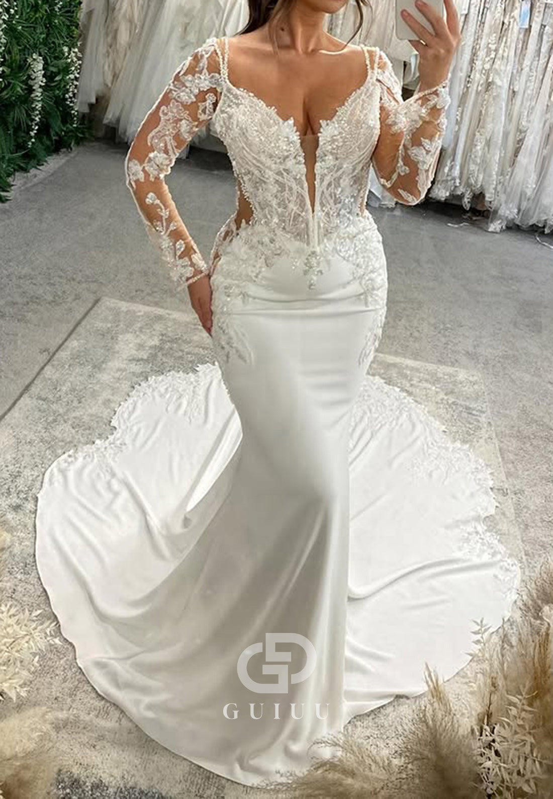 Long Sleeves V-Neck Corset Tulle Mermaid Wedding Dress