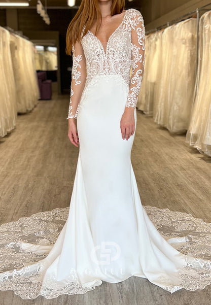 Long Sleeves V-Neck Corset Tulle Wedding Dress