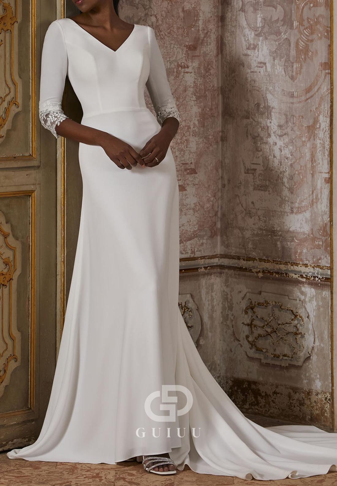 Long Sleeves V-Neck Half Sleeves Backless Chiffon Wedding Dress