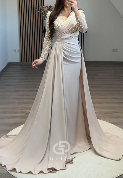 Long Sleeves V-Neck Prom Dress with Beads Sweep Train Evening Dress