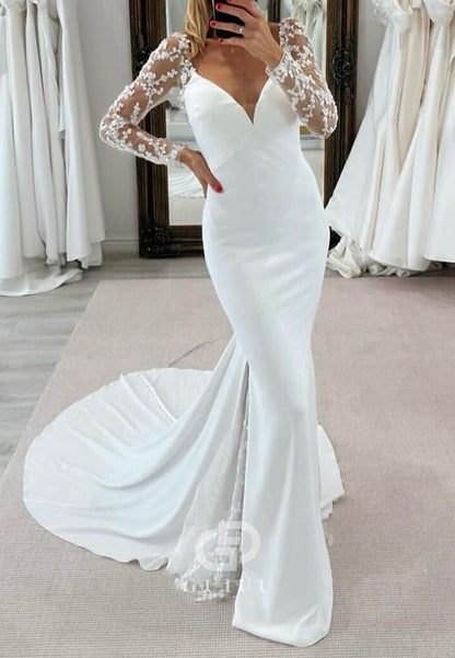 Long Sleeves V-Neck Sequins Mermaid Wedding Dress