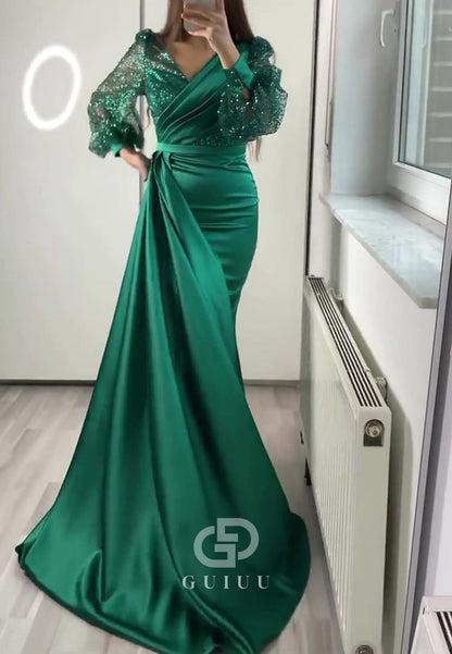 Long Sleeves V-Neck Sequins Ruched Sweep Train Evening Formal Dress