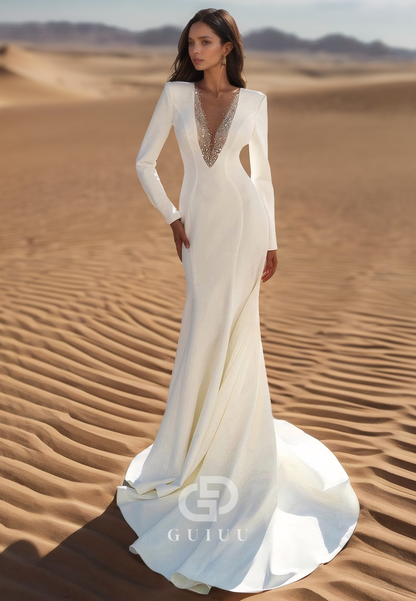 Long Sleeves V-Neck Sequins Satin Mermaid Wedding Dress