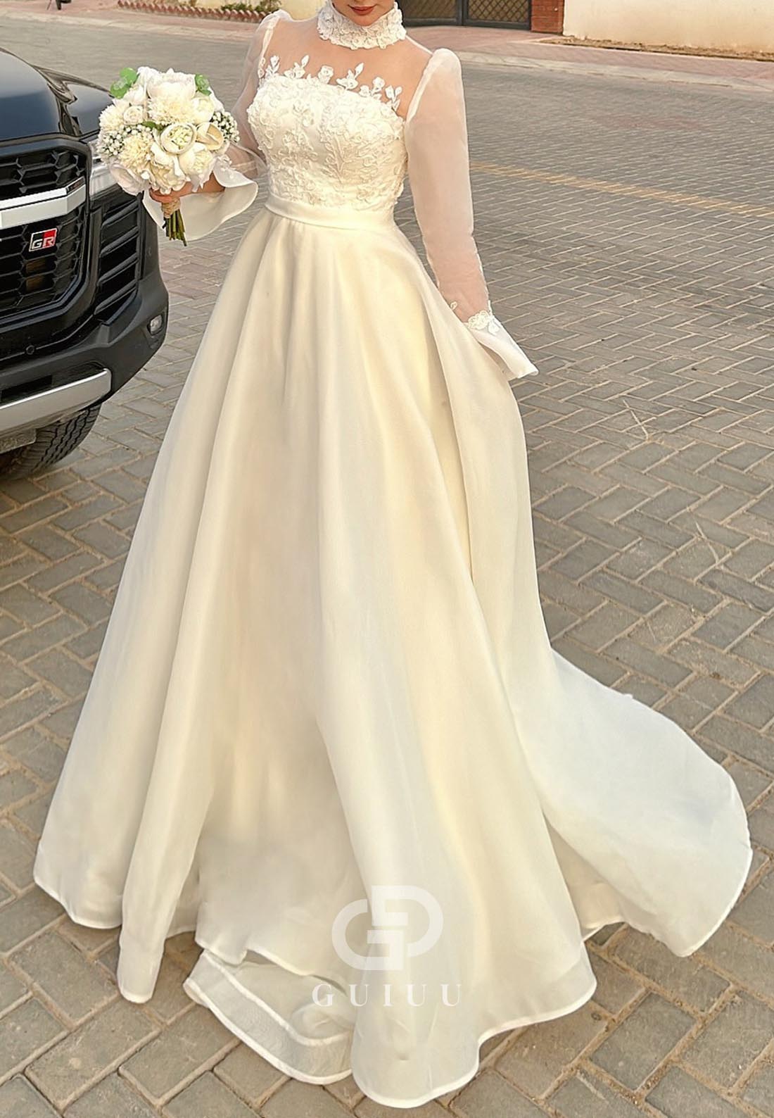 Long Sleeves High Neck Empire-Waist Lace Wedding Dress