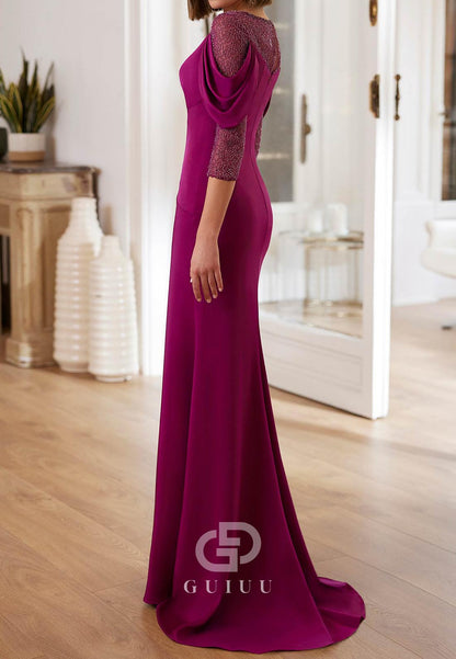 Long Sleeves Scoop Ruched Sequins Floor-Length Evening Dress