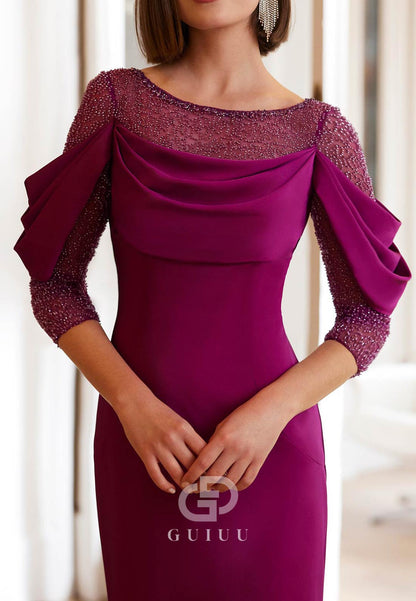 Long Sleeves Scoop Ruched Sequins Floor-Length Evening Dress