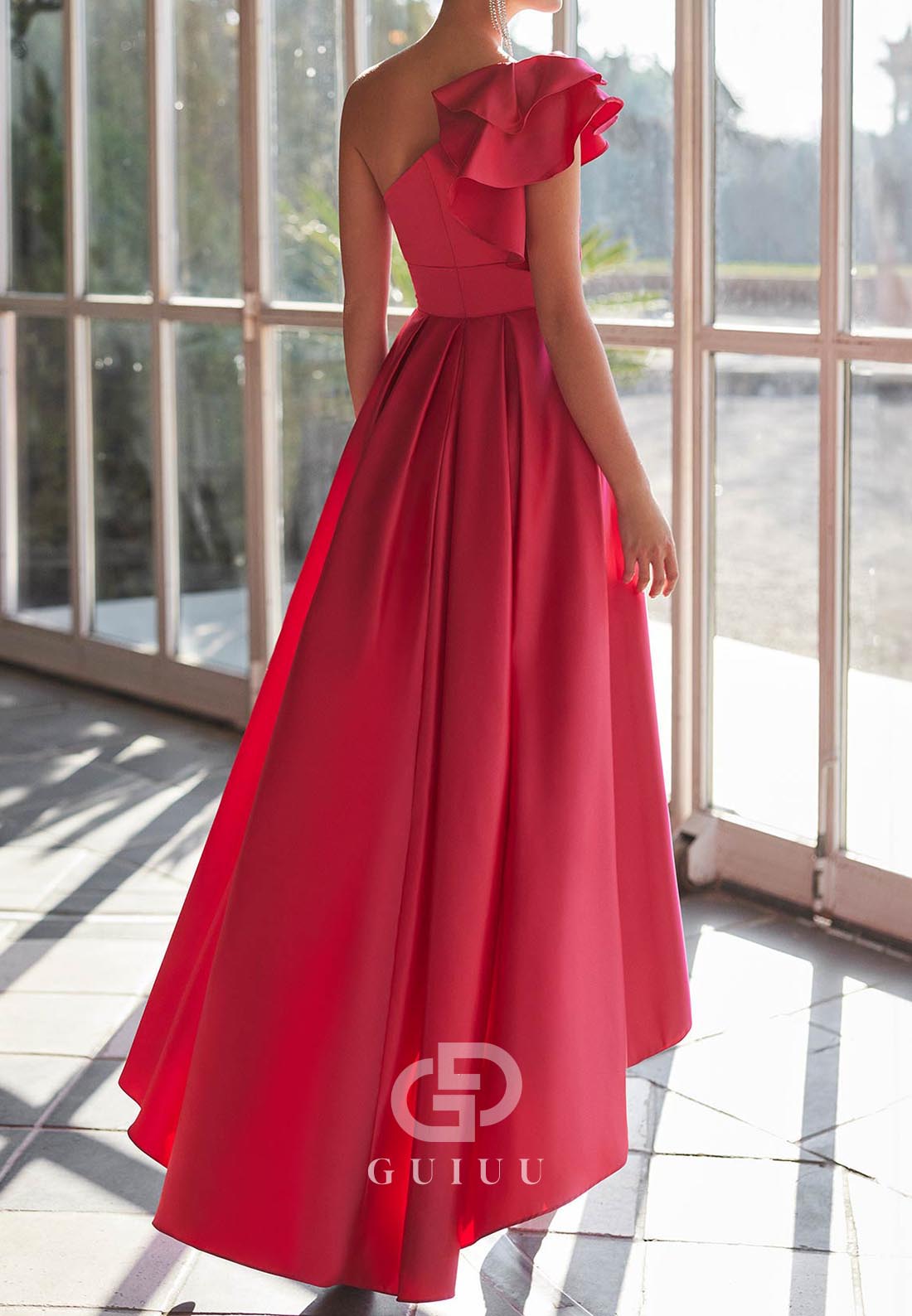 A-Line One Shoulder Sleeveless Bowknot High Low Evening Dress