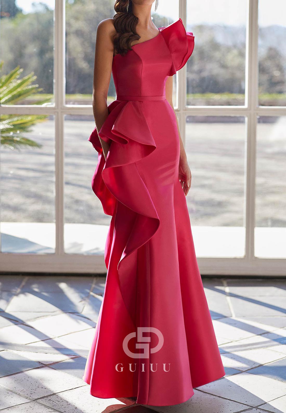 Long One Shoulder Sleeveless Ruffles Satin Evening Dress
