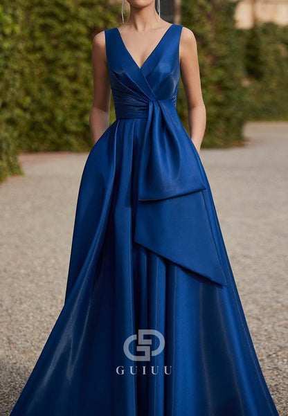 A-Line Spaghetti Straps V-Neck Ruched Bowknot Satin Evening Dress