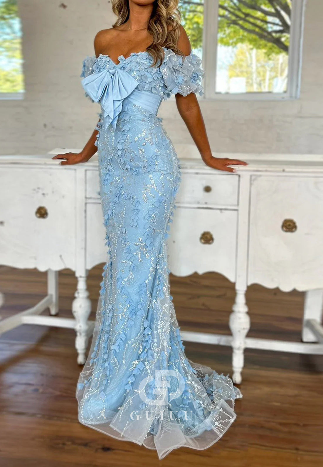 Lovely Light Blue Mermaid Off The Shoulder Long Glitter Prom Dress