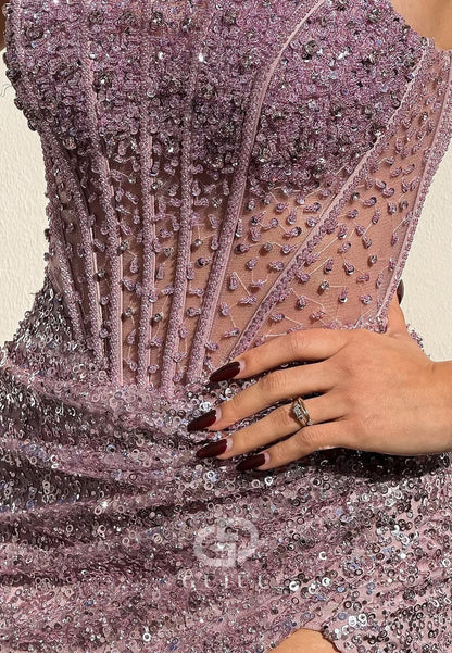 Luxurious Mermaid Strapless Lilac Sequins Corset Prom Dress with Beading