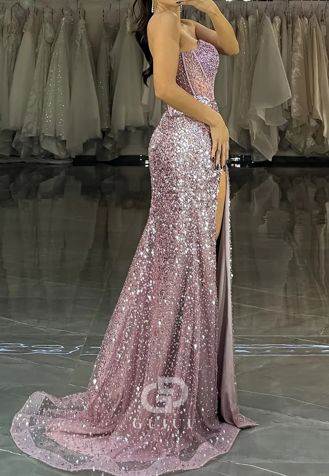 Luxurious Mermaid Strapless Lilac Sequins Corset Prom Dress with Beading