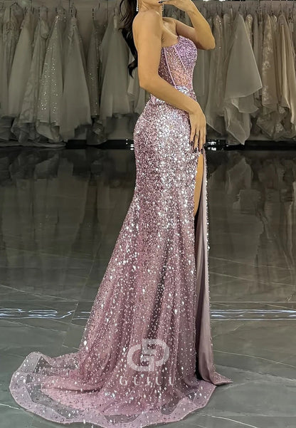 Luxurious Mermaid Strapless Lilac Sequins Corset Prom Dress with Beading