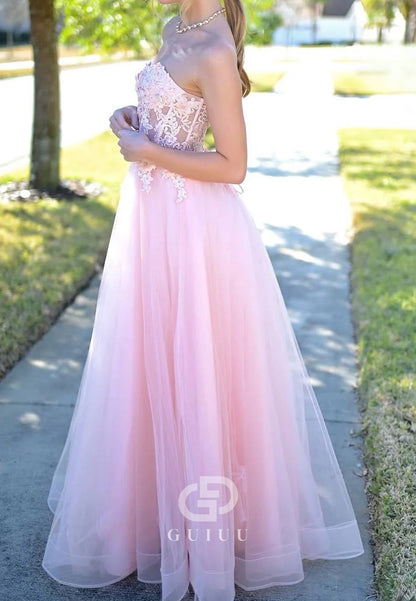 Pink Strapless Sweetheart Appliques A-Line Sleeveless Prom Dress