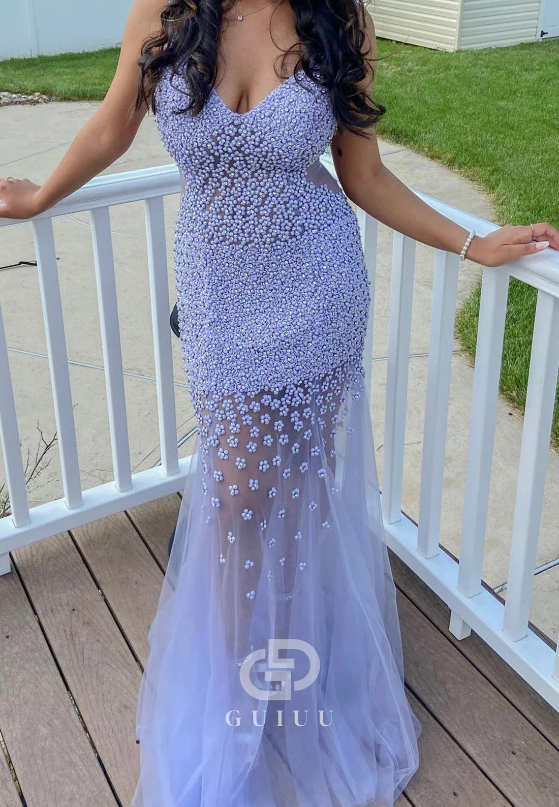 Lilac Straps Beaded V-Neck Mermaid Tulle Long Prom Dress