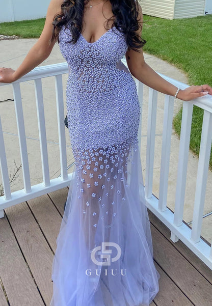 Lilac Straps Beaded V-Neck Mermaid Tulle Long Prom Dress