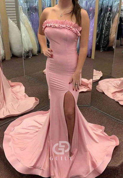 Mermaid Ruffles Strapless Sleeveless Long Prom Dresses with Slit